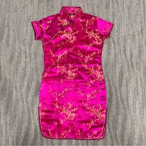 Jennifer Chinese Pink Silk Mini Dress Asian Print Lined Mock Neck Women’s Sz S